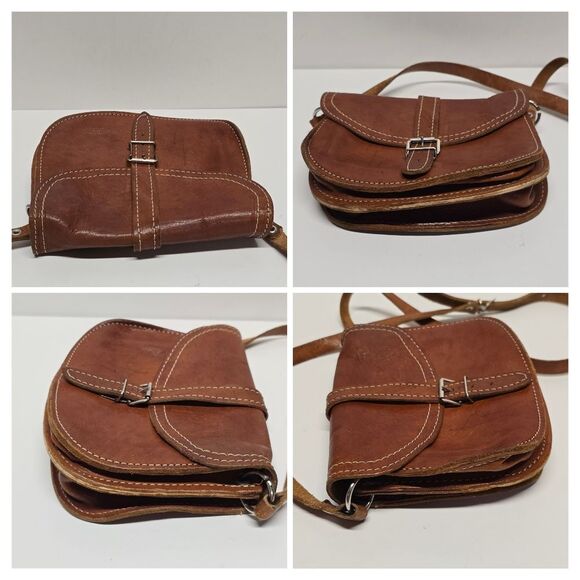 Vintage Mini Leather Saddle Bag in Cognac Brown Boho Hippie Shoulder Purse - Picture 3 of 8
